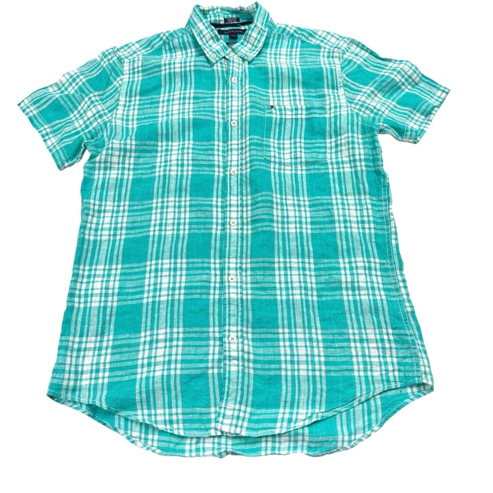 Tommy Hilfiger Mens Teal Plaid Linen Shirt Large Short Sleeve‎ Custom Fit Large